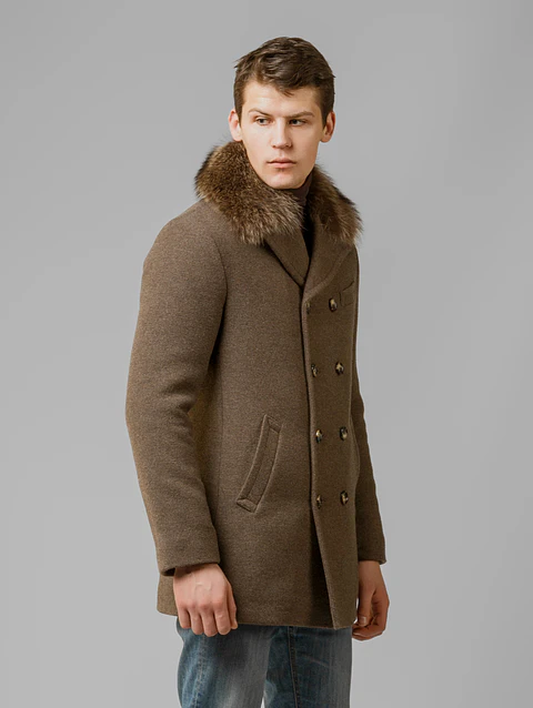 Walnut Fox-Fur Collar Pea Coat