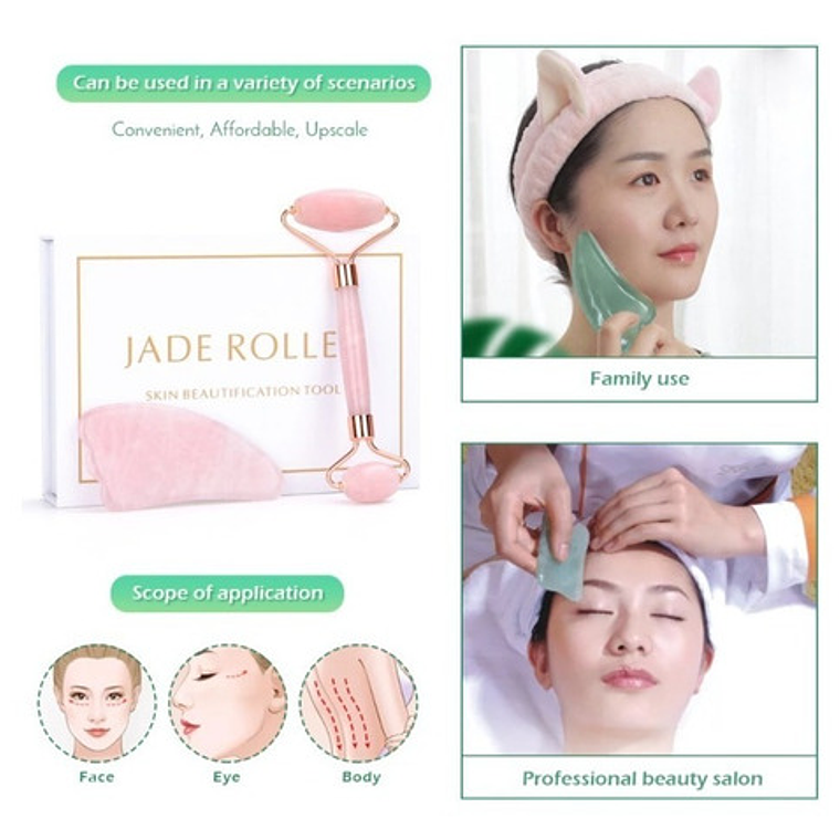 Rodillo Facial Jade Cuarzo Rosa Masajeador Estuche Deluxe 3