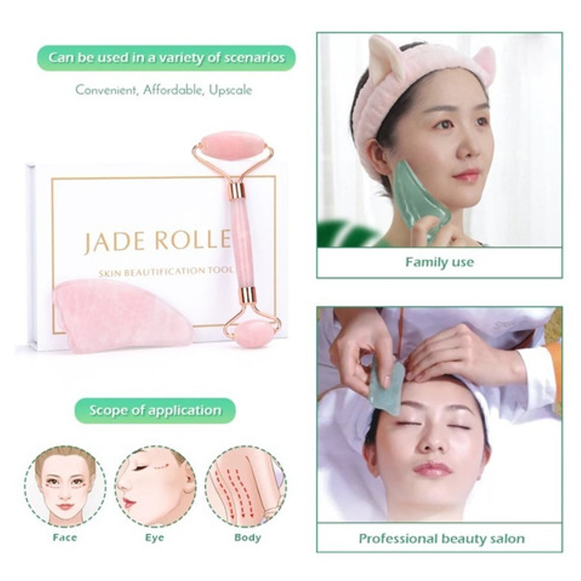 Rodillo Facial Jade Cuarzo Rosa Masajeador Estuche Deluxe 10
