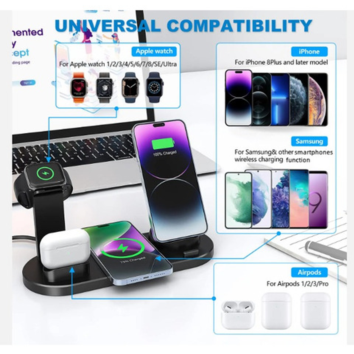 Cargador Inalámbrico 4 En 1 + Enchufe - Envío Gratis Stgo. 12