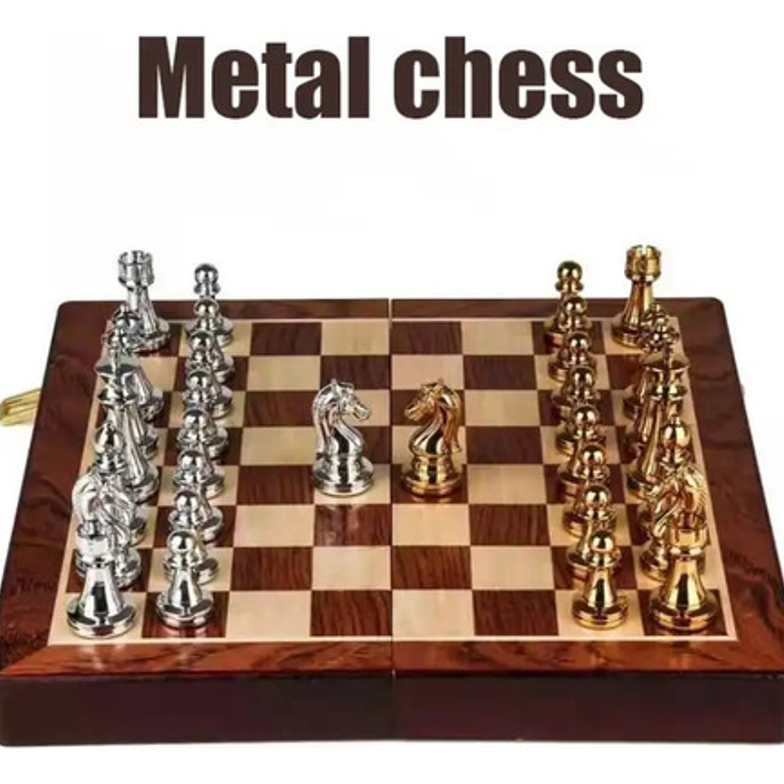 Tablero Ajedrez Deluxe Piezas Metálicas Doradas Y Plateadas 2