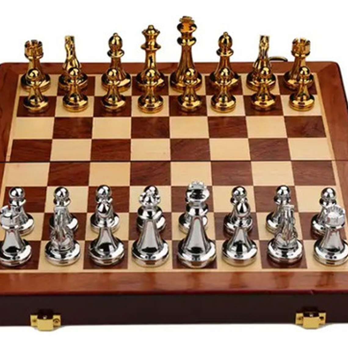 Tablero Ajedrez Deluxe Piezas Metálicas Doradas Y Plateadas 3