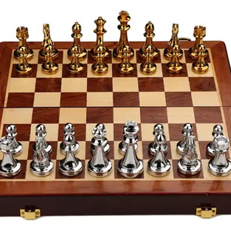 Tablero Ajedrez Deluxe Piezas Metálicas Doradas Y Plateadas 3