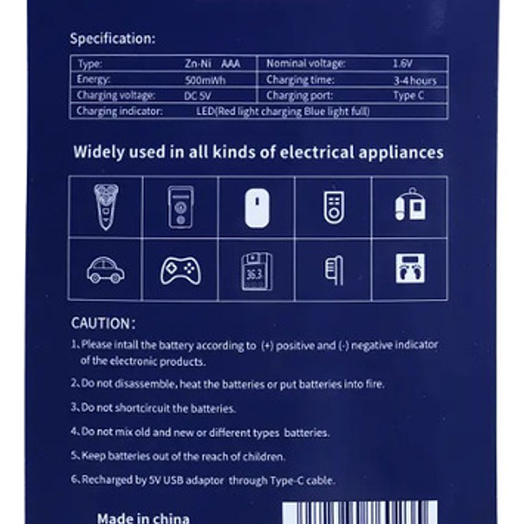 Pack 4 Pilas Únicas N-zinc Recargables Carga Directa +cable  6