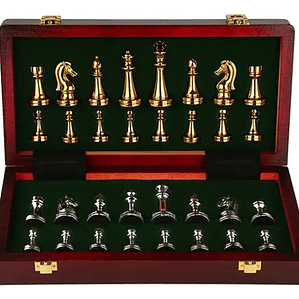 Tablero Ajedrez Deluxe Pzas Metálicas Doradas Plateadas 30cm