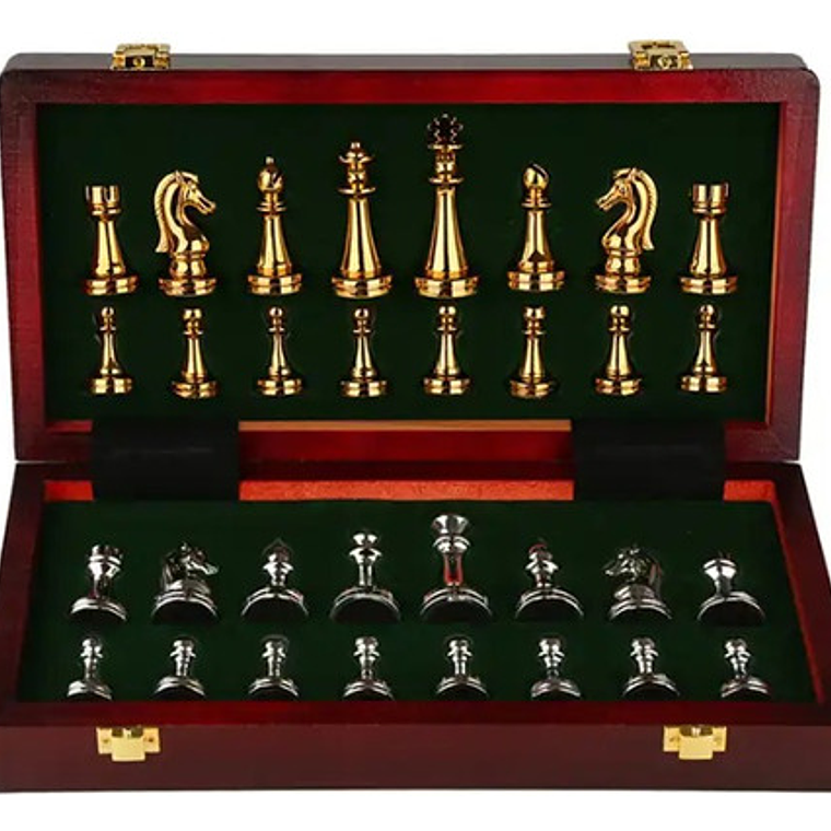 Tablero Ajedrez Deluxe Pzas Metálicas Doradas Plateadas 30cm 1