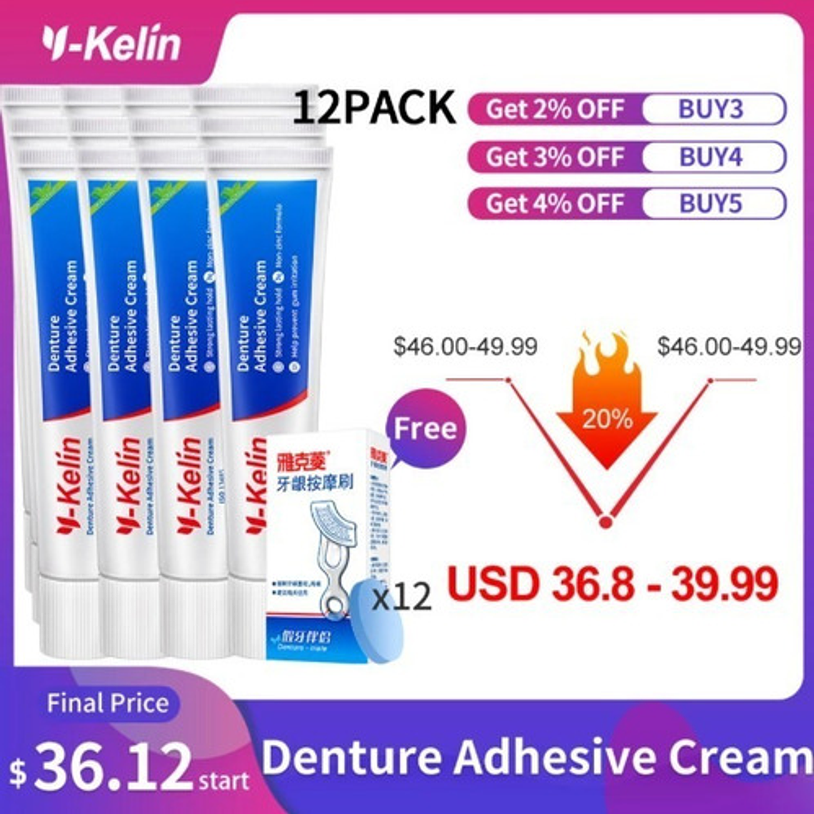 Adhesivo Prótesis Dental Y-kelín 40 Grs Crema Sabor Menta 4