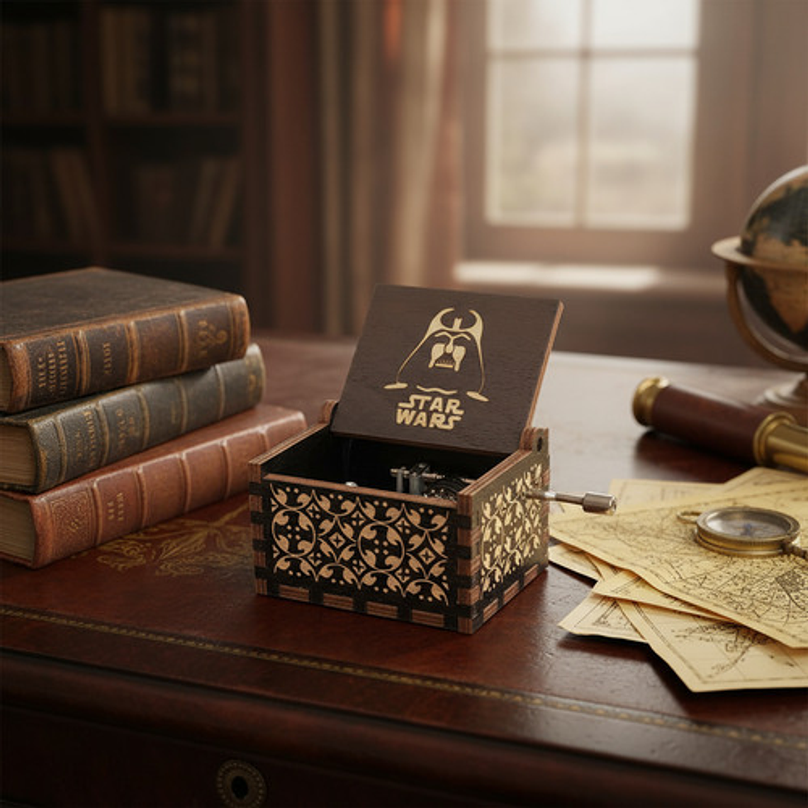 Caja Musical De Madera Con Manivela Star Wars Intro Famosa 6