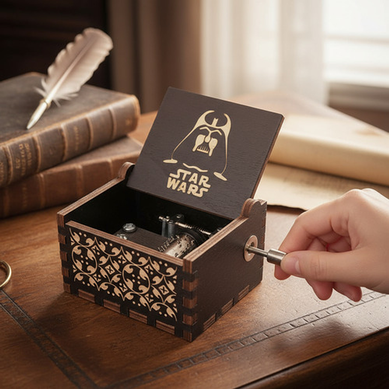 Caja Musical De Madera Con Manivela Star Wars Intro Famosa 7