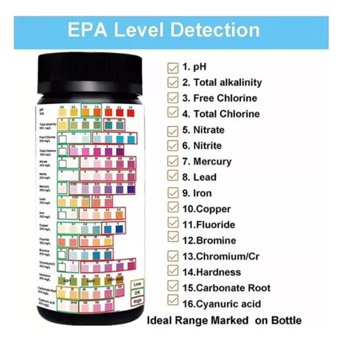Set 100 Tiras De Medición Agua Único 16 Parámetros Pureza 5