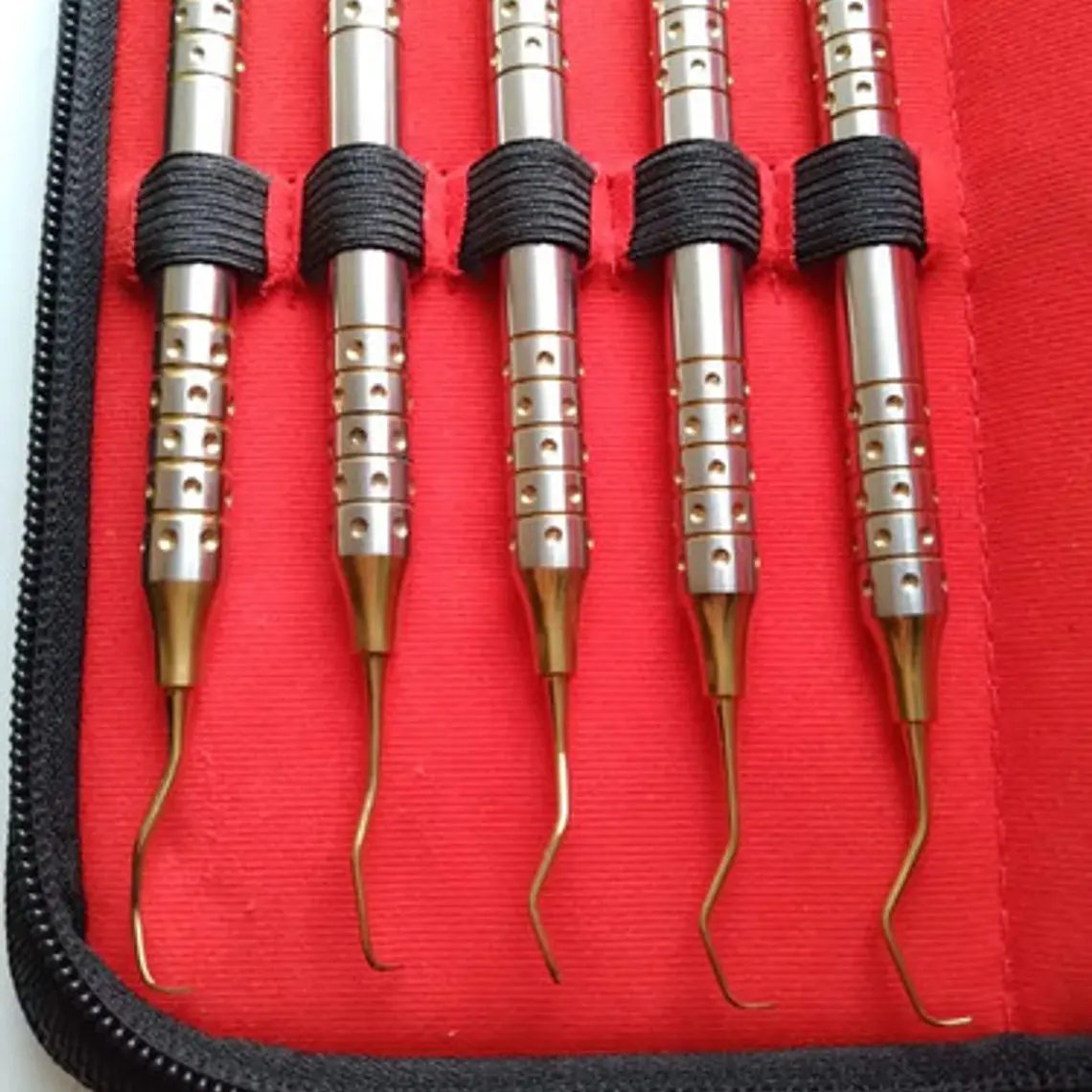 Set De 5 Curetas Estilo Gracey Periodoncia Pacard En Estuche Color Dorado 3