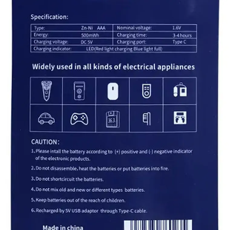Pack 4 Pilas Únicas N-zinc Recargables Carga Directa +cable  6