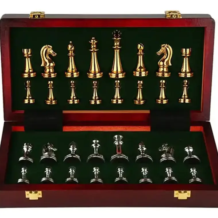Tablero Ajedrez Deluxe Pzas Metálicas Doradas Plateadas 30cm 1