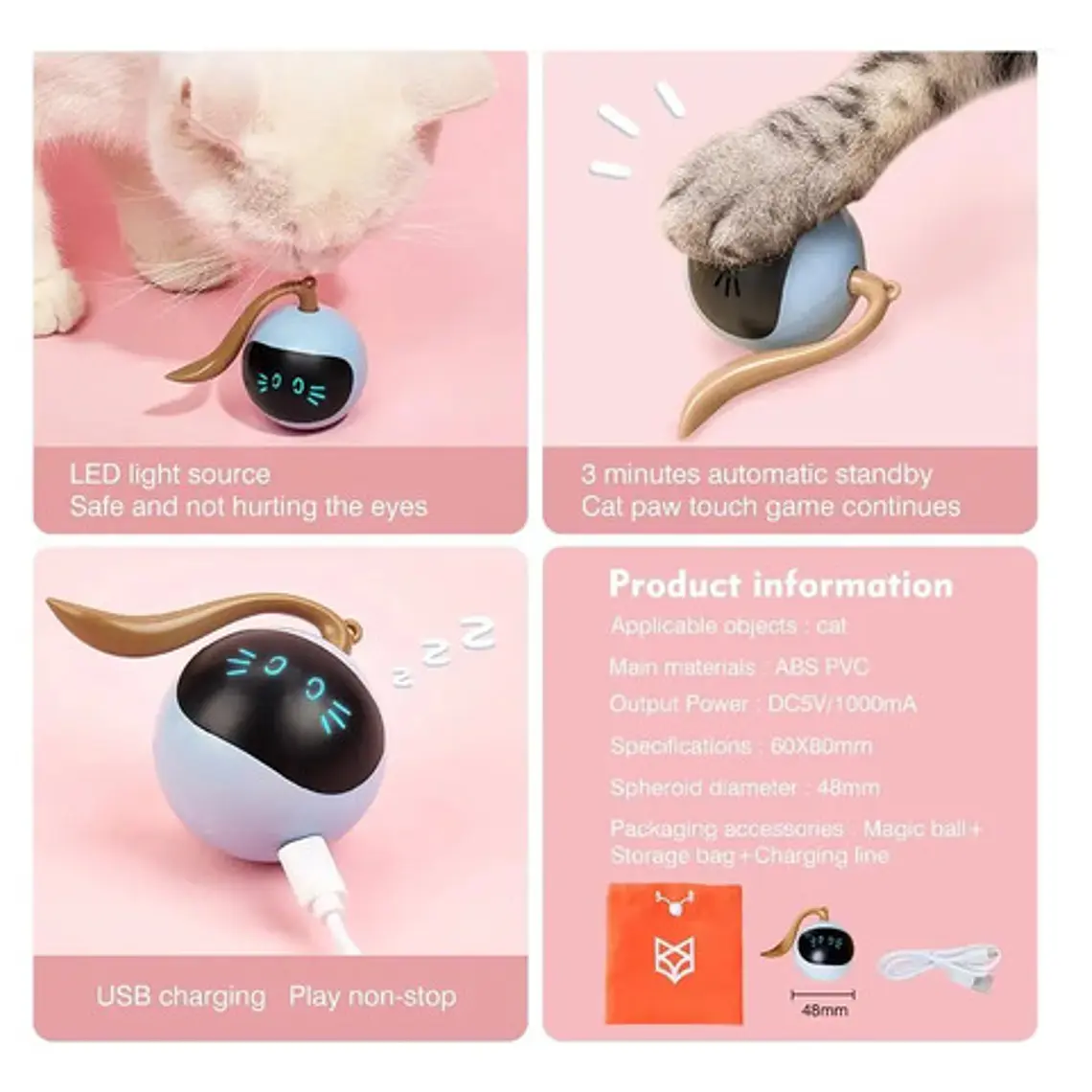 Bola Robot Juguete Gato Eléctrico Interactivo Inteligent Usb Blanco 6