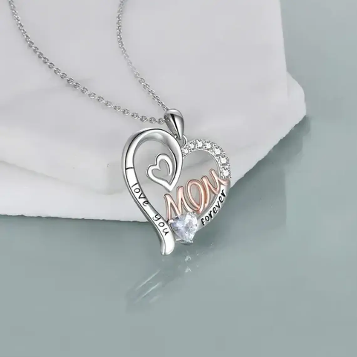 Collar Plata Corazón Pulido Cuarzo Moda Mom Forever Plateado 5