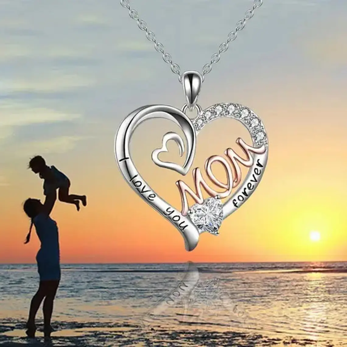 Collar Plata Corazón Pulido Cuarzo Moda Mom Forever Plateado 6