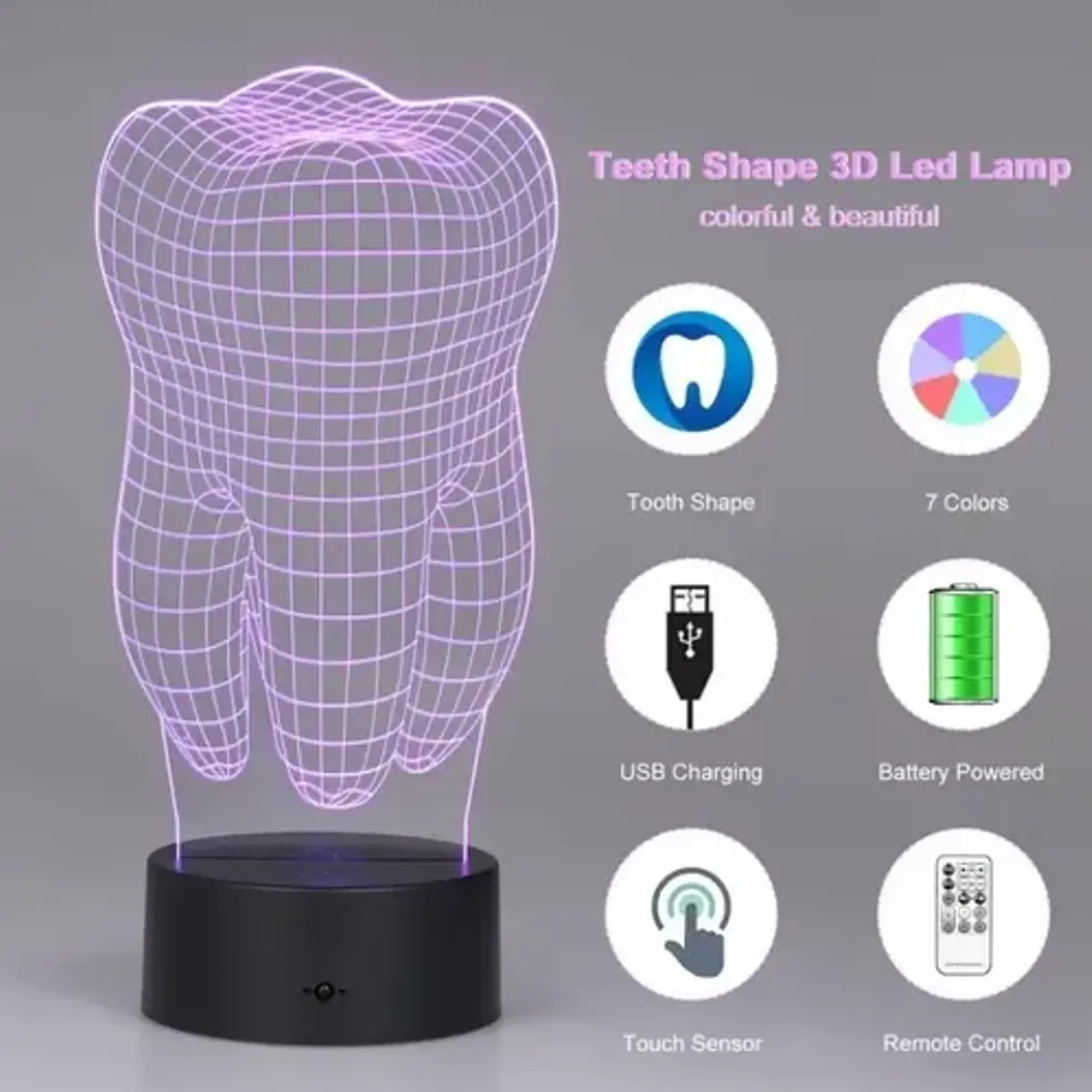 Lámpara Led 3d Switch Colores Diente Muela Usb Control Stgo. 4