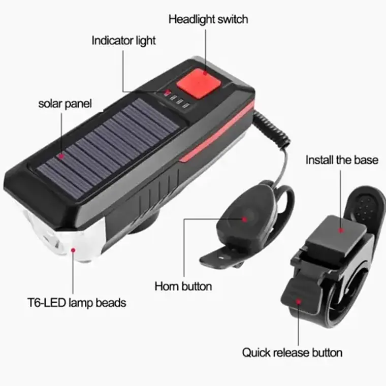 Luz Led Solar Recargable Para Bicicleta Con Bocina Stgo. 5