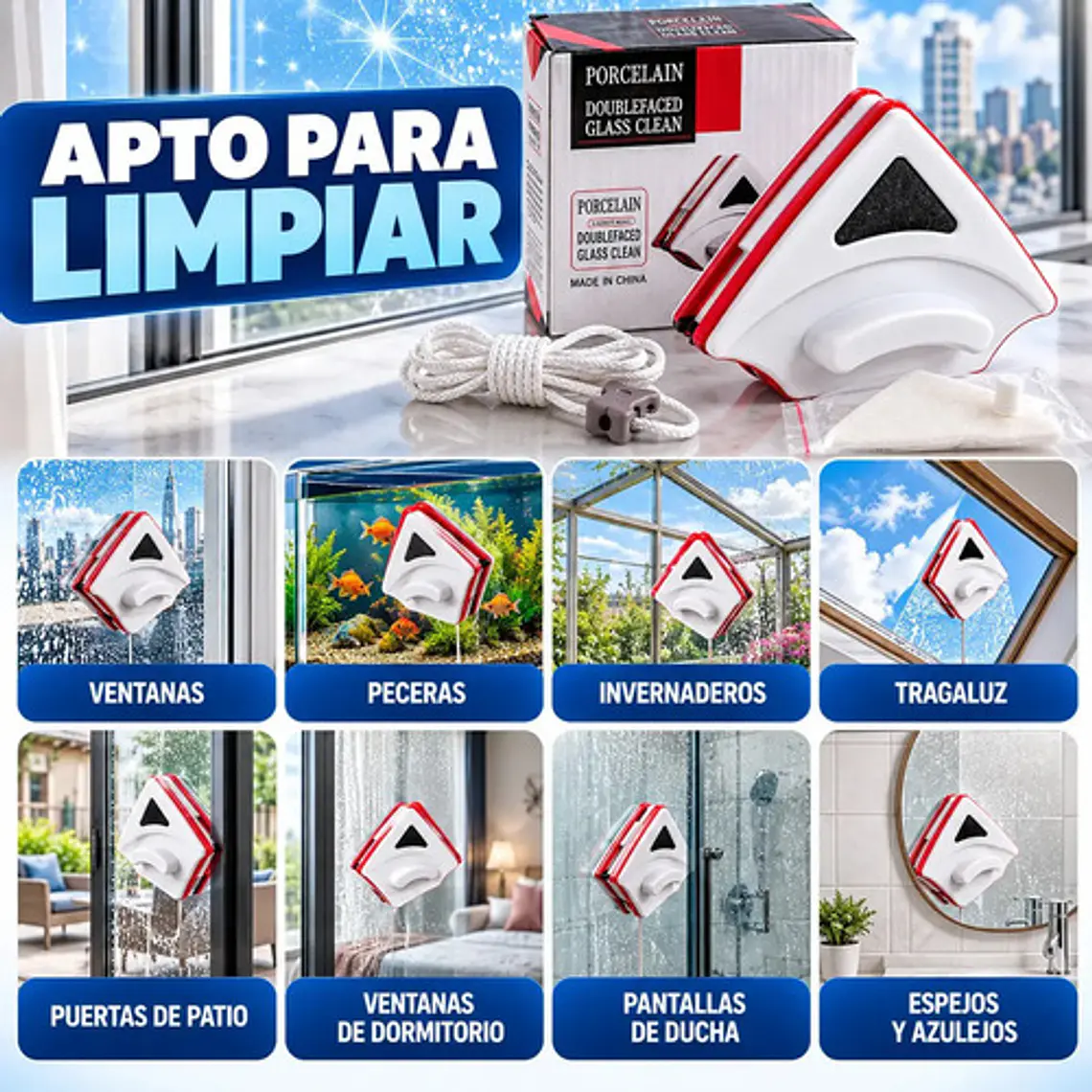 Limpiador De Vidrio Magnetico Limpiavidrios Ventanas Hogar 8
