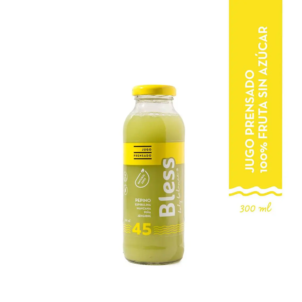 JUGO PRENSADO BLESS 45 PEPINO ESPIRULINA MANZANA PIÑA JENGIBRE LIMÓN 300ML- CATEDRAL 1