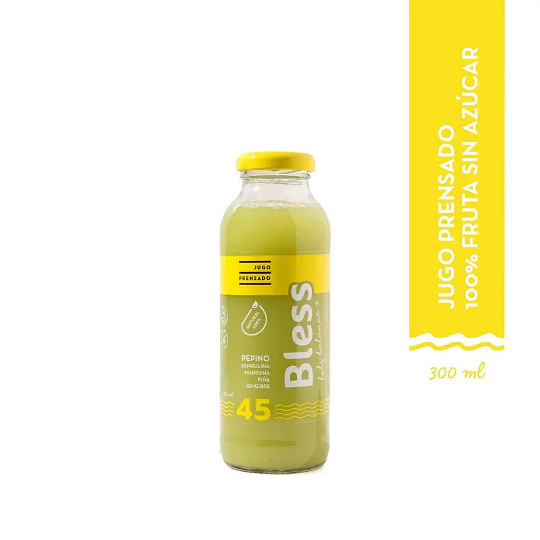 JUGO PRENSADO BLESS 45 PEPINO ESPIRULINA MANZANA PIÑA JENGIBRE LIMÓN 300ML- CATEDRAL 1