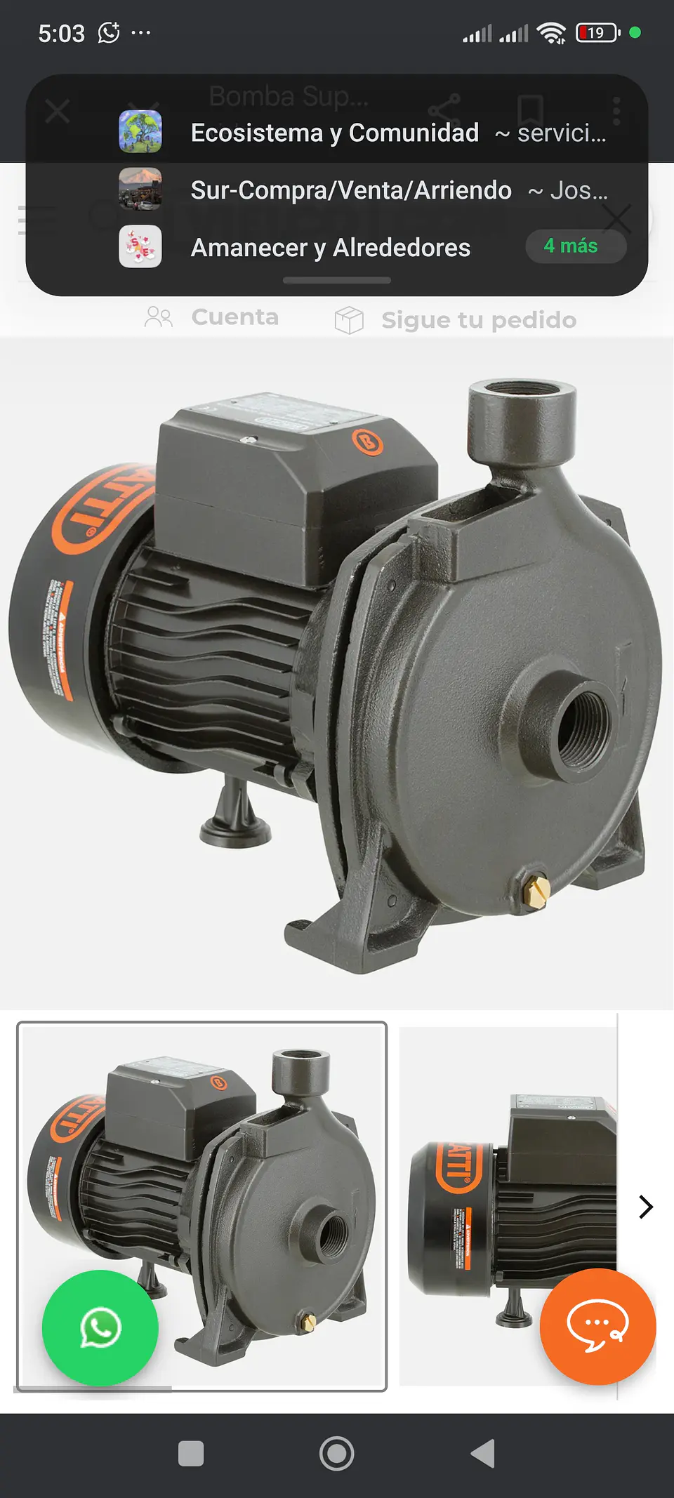 Bomba Superficie Centrífuga Autocebante 1HP BERCATTI JET100B 2