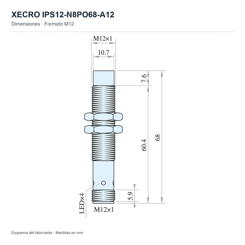 Sensor Inductivo Xecro IPS12-N8PO68-A12 PNP M12 8mm 3