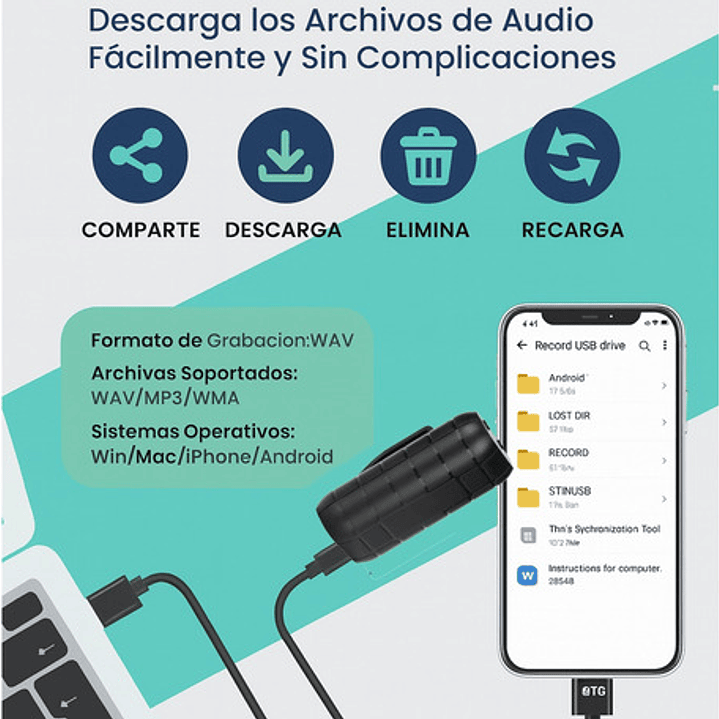 Grabadora De Voz Mini Espia Sensor De Sonido Iman Cable Otg 5