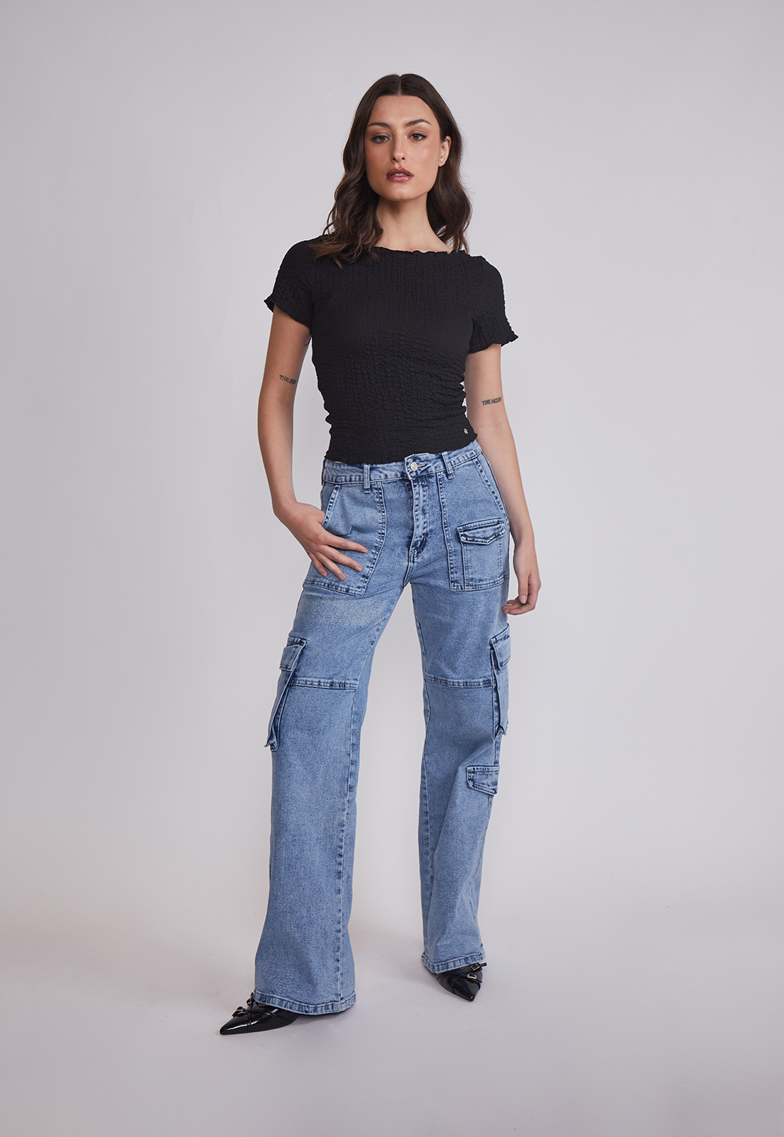 Jeans Mujer Cargo Elasticado Celeste Sioux 5