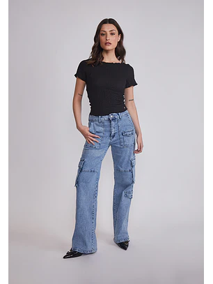 Jeans Mujer Cargo Elasticado Celeste Sioux