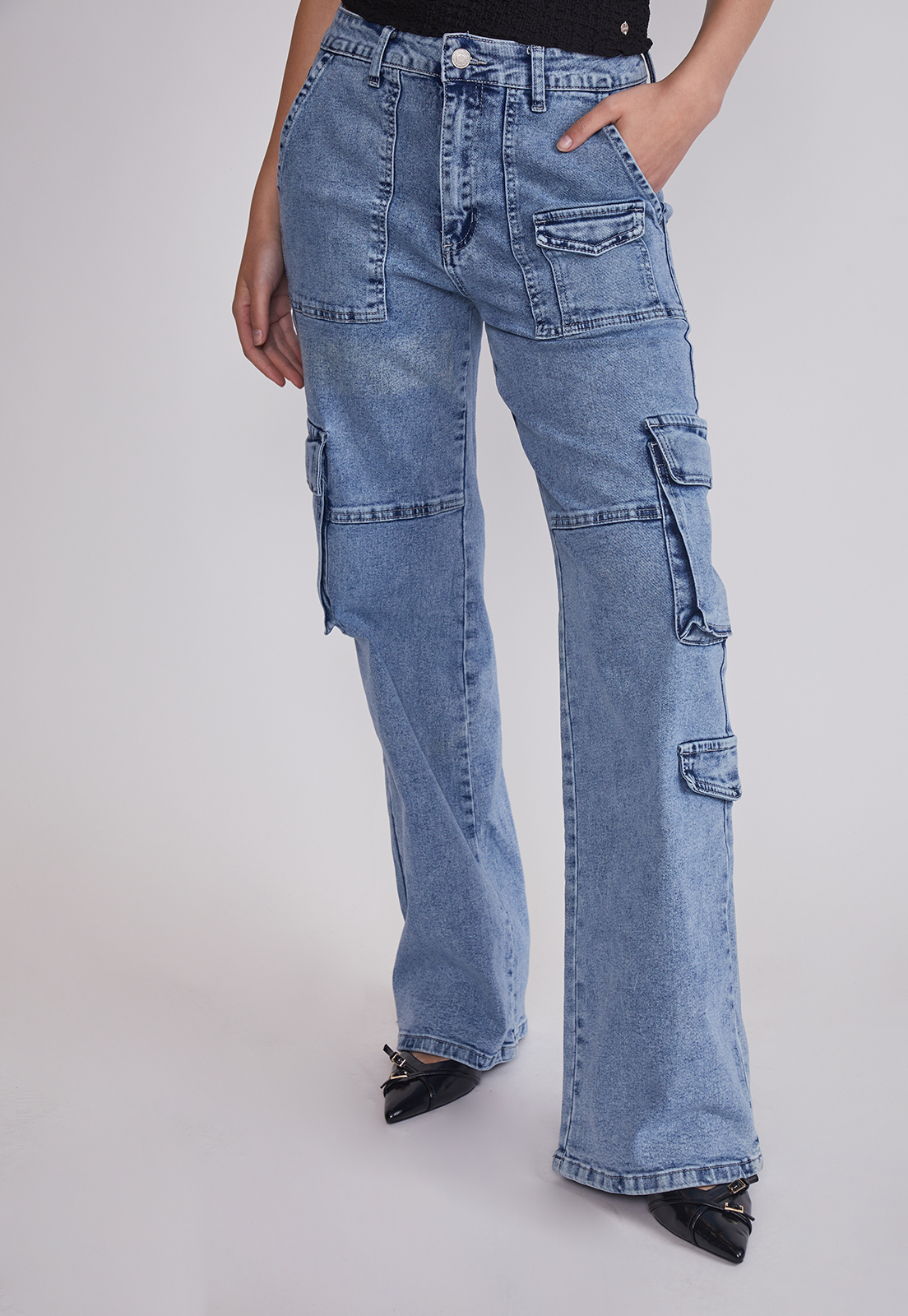 Jeans Mujer Cargo Elasticado Celeste Sioux 1