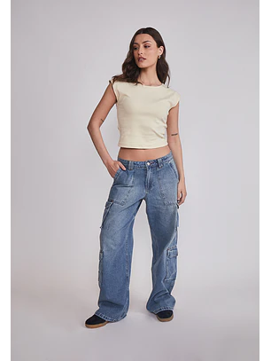 Jeans Mujer Cargo Tiro Medio Celeste Sioux