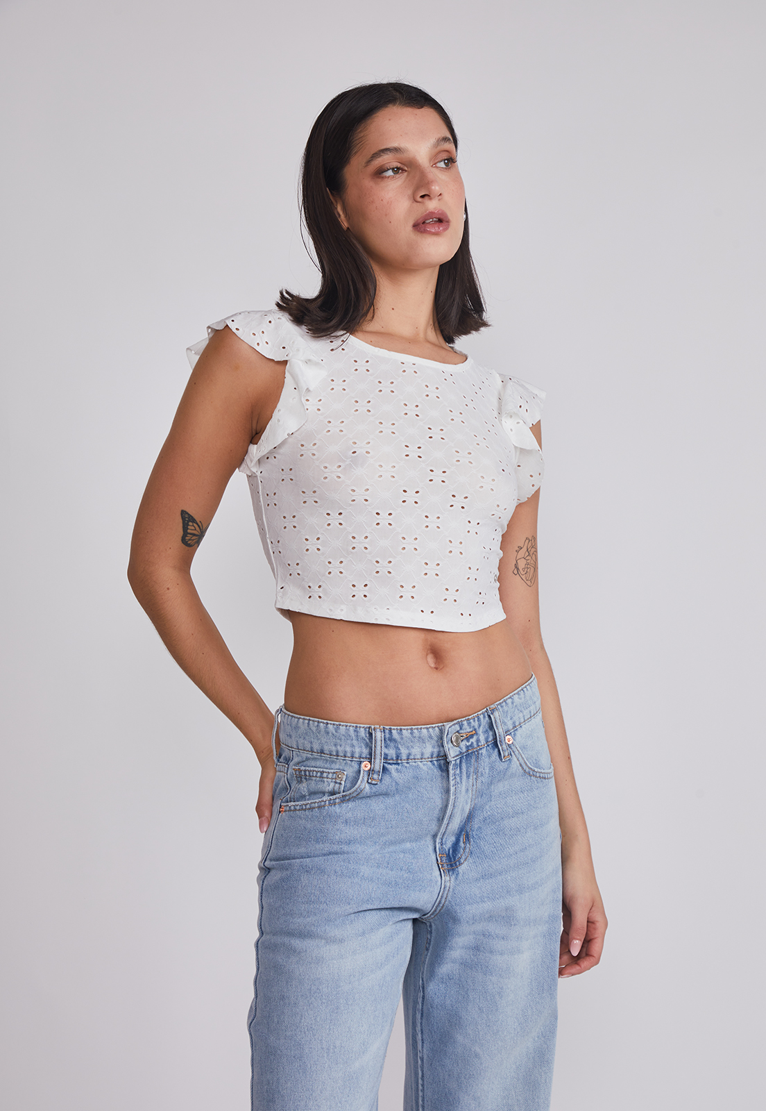 Polera Mujer Texturada Broderie Blanco Sioux 1