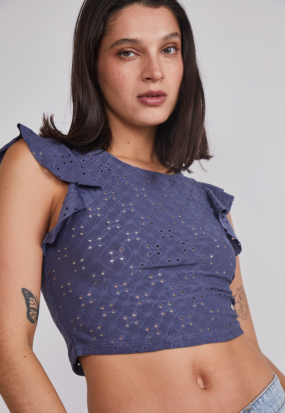 Polera Mujer Texturada Broderie Azul Sioux 5