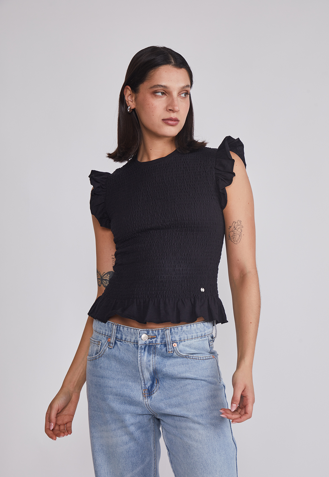 Polera Mujer Vuelos Mangas Negro Sioux 1