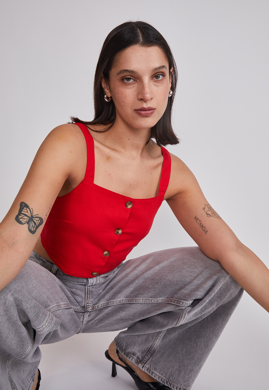 Blusa Mujer Lino Botones Rojo Sioux 2