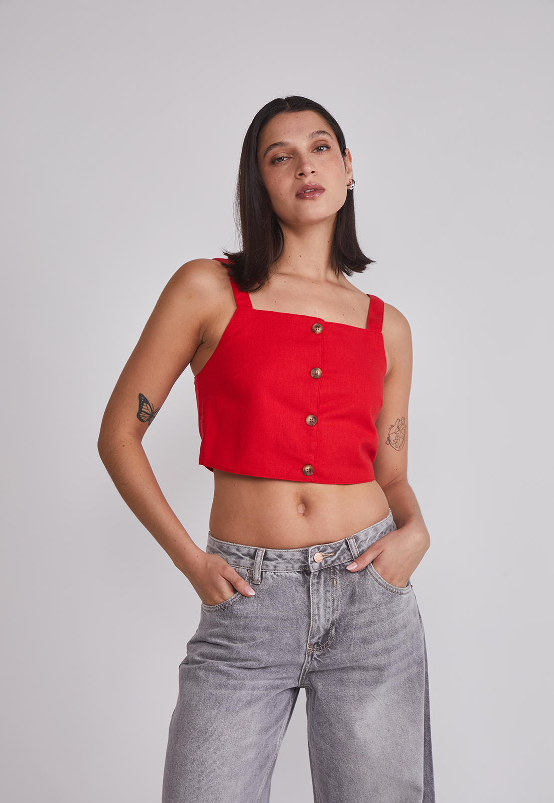 Blusa Mujer Lino Botones Rojo Sioux 1