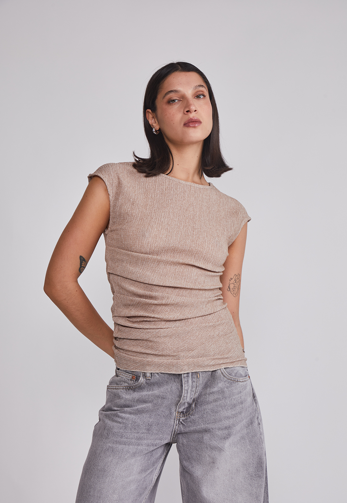 Polera Mujer Recogida Cintura Beige Sioux 1