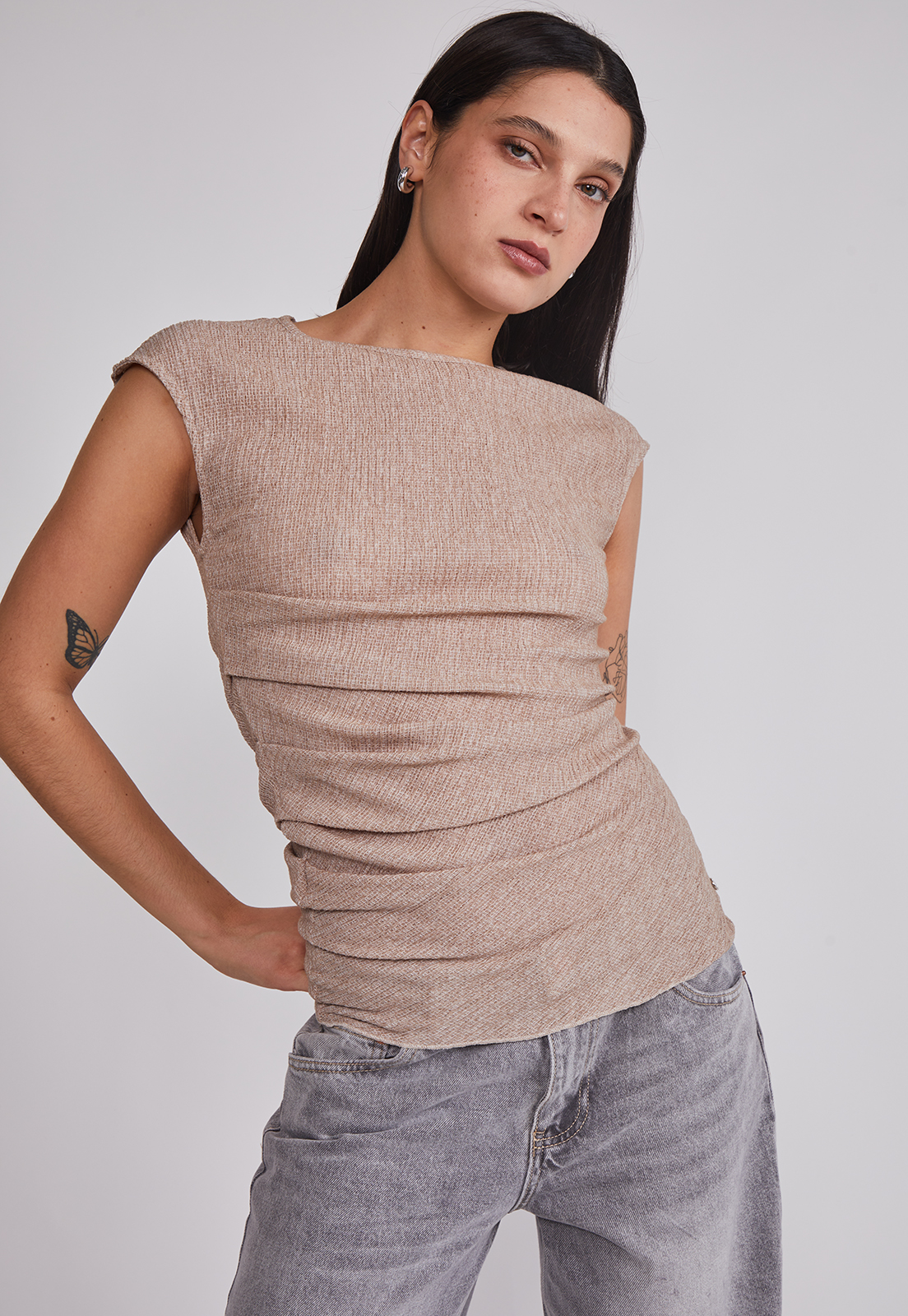 Polera Mujer Recogida Cintura Beige Sioux 4