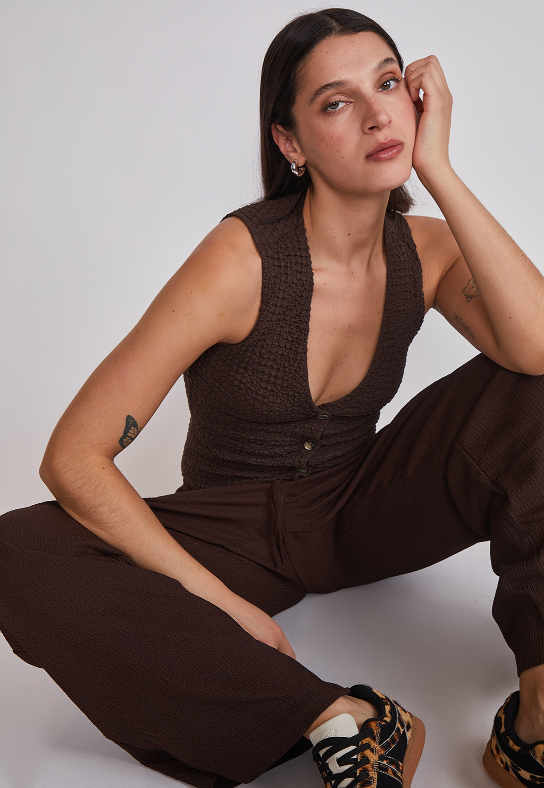 Pantalón Mujer Wide Leg Texturado Café Sioux 2