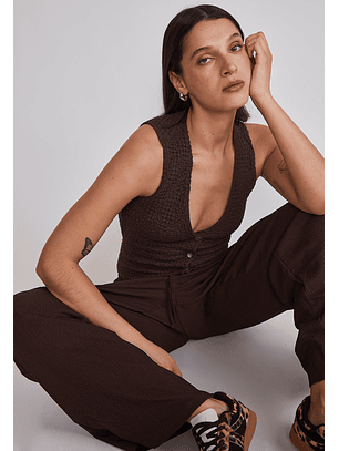 Pantalón Mujer Wide Leg Texturado Café Sioux