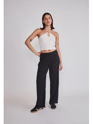 Pantalón Mujer Wide Leg Texturado Negro Sioux