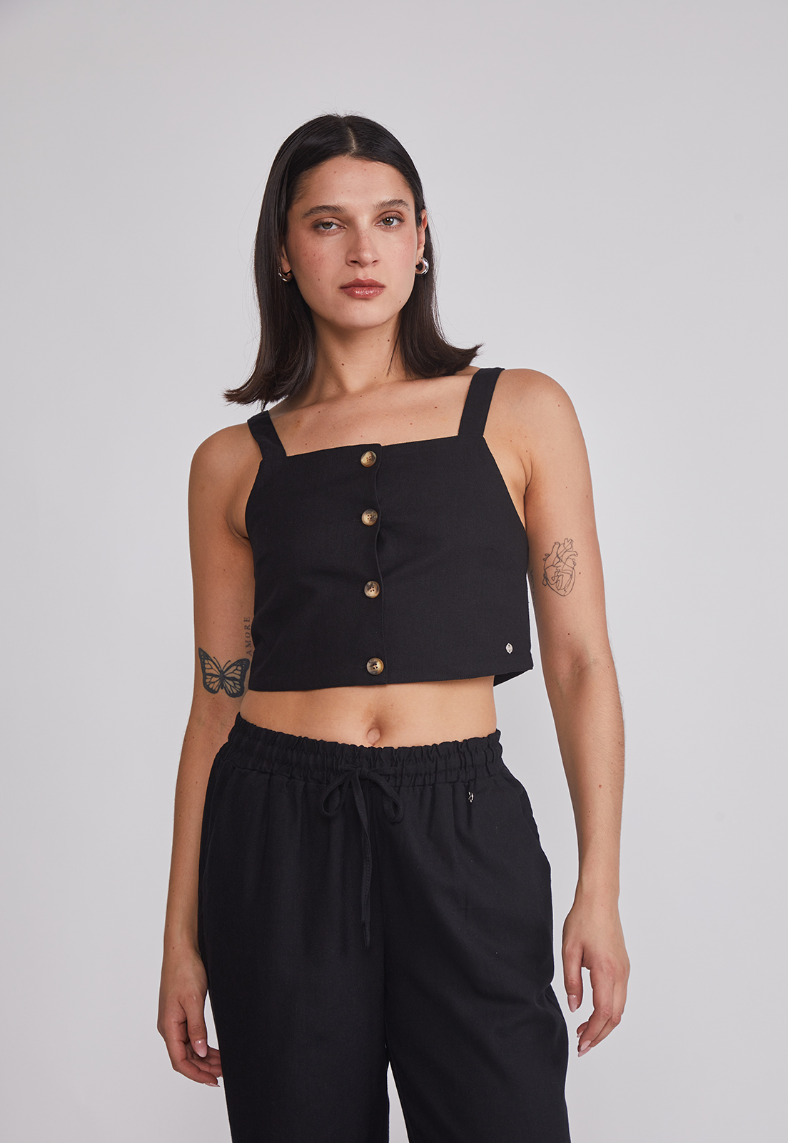 Blusa Mujer Lino Botones Negro Sioux 1