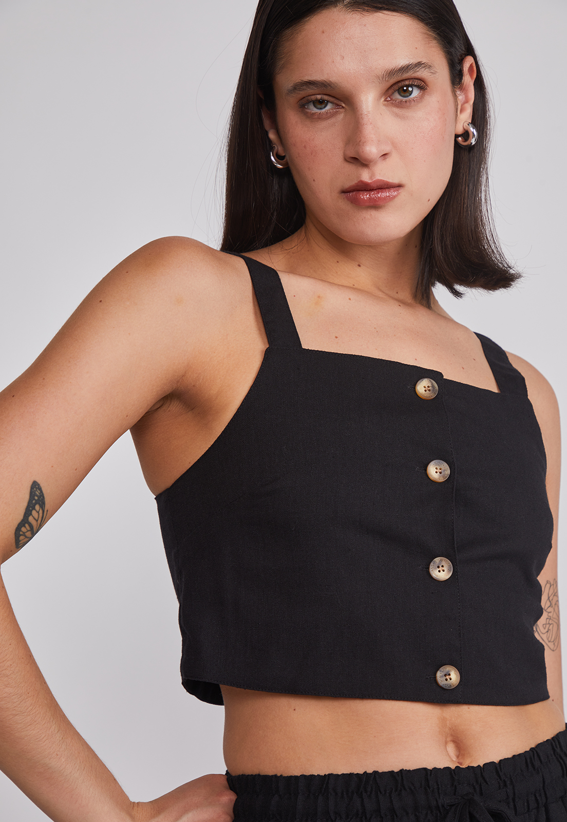 Blusa Mujer Lino Botones Negro Sioux 3