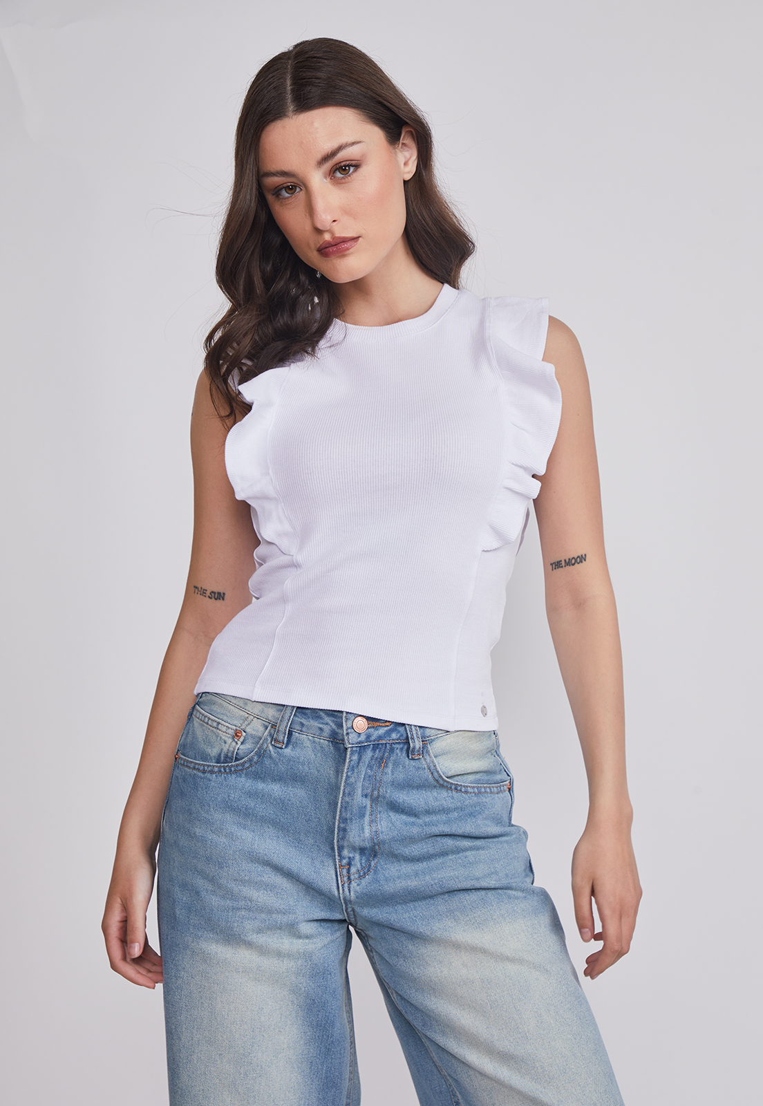 Polera Mujer Rib Vuelos Blanco Sioux 1