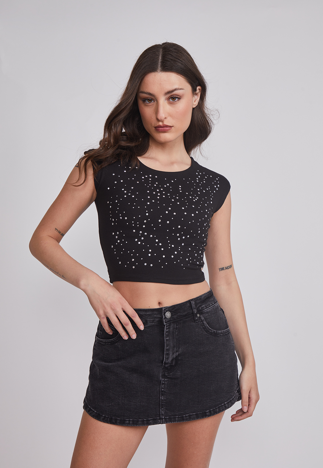 Polera Mujer Strass Delantero Negro Sioux 1