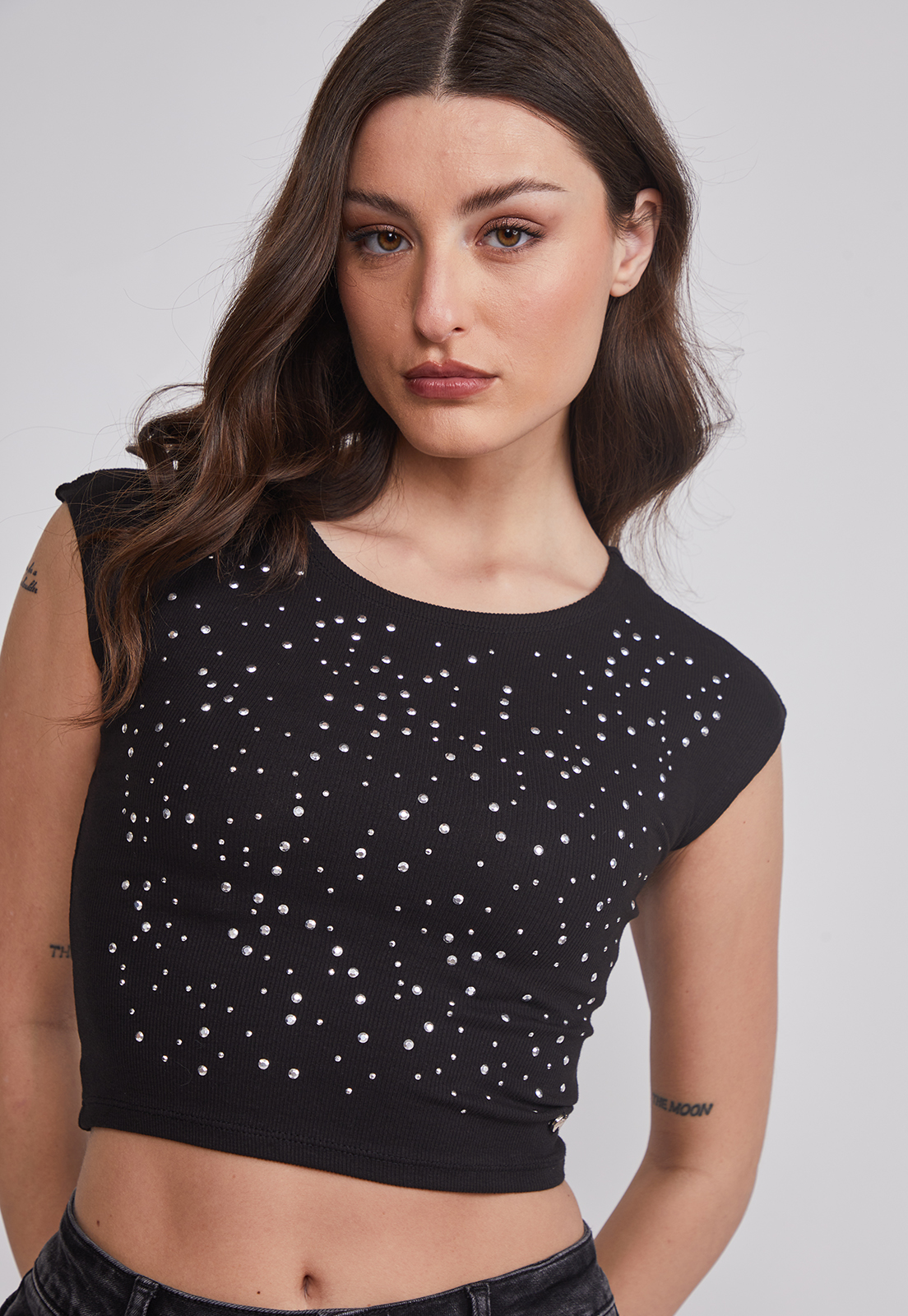 Polera Mujer Strass Delantero Negro Sioux 5