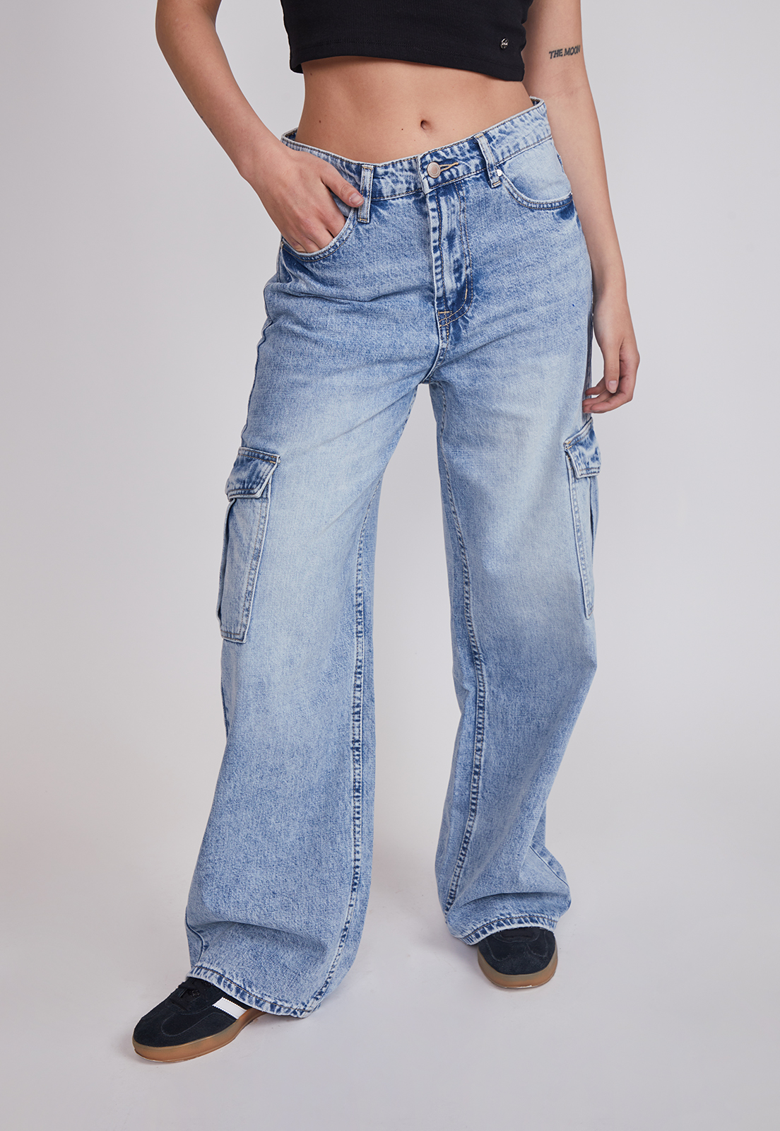 Jeans Mujer Wide Leg Cargo Celeste Sioux 1