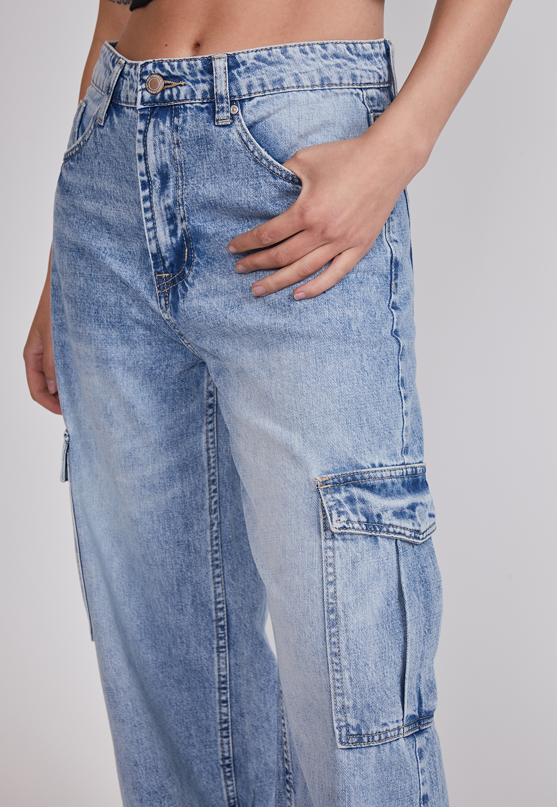 Jeans Mujer Wide Leg Cargo Celeste Sioux 3