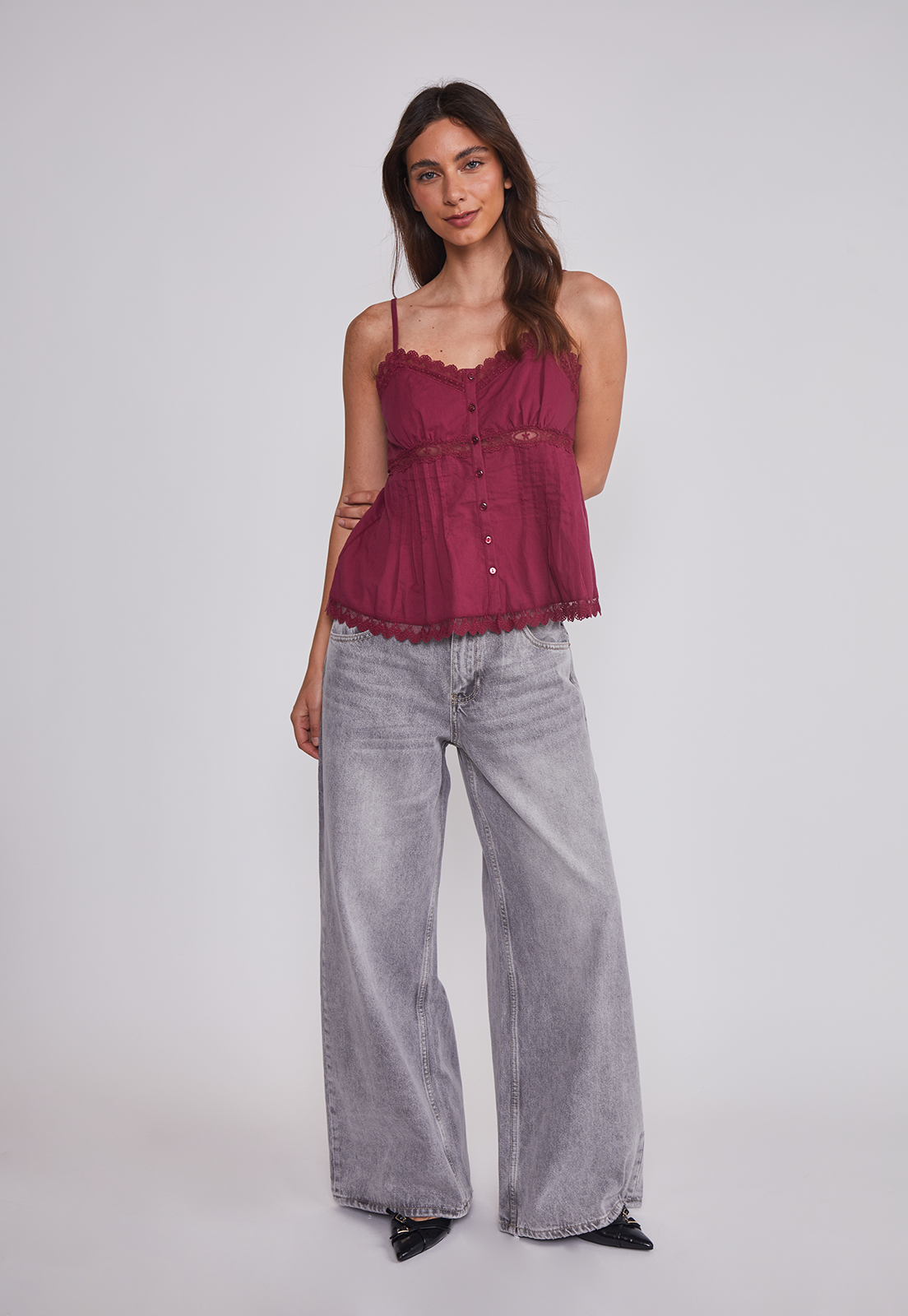 Blusa Mujer Bordado Botones Burdeo Sioux 5